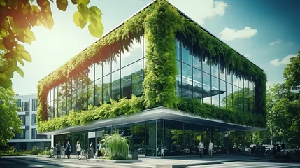 Modern office building with green leaves. Architectural detail of modern office building © ffunn