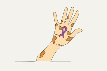 Color illustration of a hand holding a leprosy symbol ribbon. World Leprosy Day one-line drawing