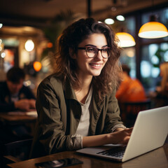 Portrait of a smiling young woman sitting in a cafe with a laptop,Generative AI - obrazy, fototapety, plakaty