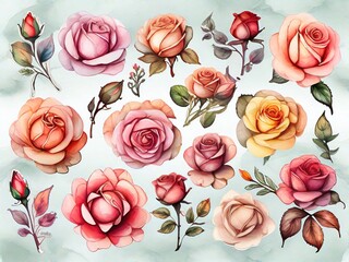 Rosas de distintas formas y colores estilo acuarela  - obrazy, fototapety, plakaty