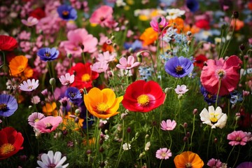 A colorful flower meadow with a wide variety of colorful flowers