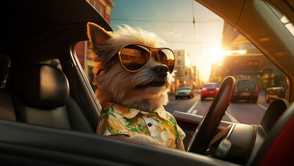 A small dog  is driving a car on a city street. The dog is wearing a Hawaiian shirt and sunglasses, and it is sitting in the driver's seat with its paws on the steering wheel. 