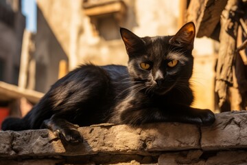 Close-up of a black stray street cat lying in the sun