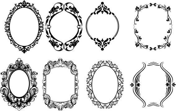 Mirror oval wreaths set. Hand drawn wreath. Floral design elements for invitations, greeting cards, posters. Vintage decorative laurel, oval frame made of twigs, leaves and branch.