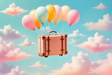A flying suitcase hanging from a balloon. Generative AI