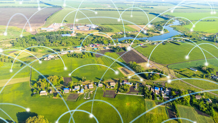 smart rural concept. Agriculture and technology. Communication network, artificial intelligence in...