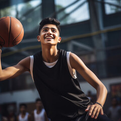 young indian boy playing basketball