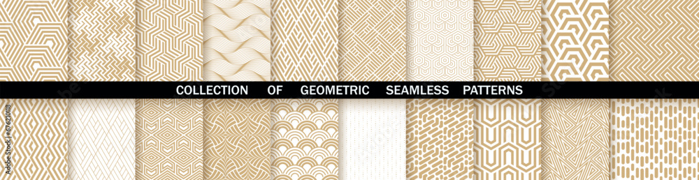 Poster Geometric set of seamless gold and white patterns. Simple vector graphics
