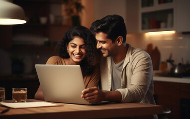 young indian couple using laptop at home - obrazy, fototapety, plakaty