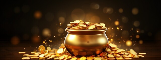 Happy Dhanteras background with golden pot and gold coins - obrazy, fototapety, plakaty