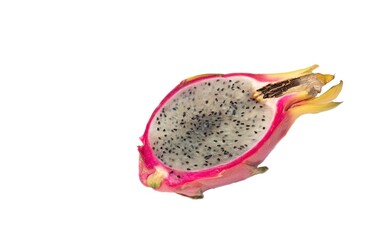 Obraz premium Closeup of Dragon Fruit Cut or Slice Isolated on White Background with Copy Space for Texts Writing
