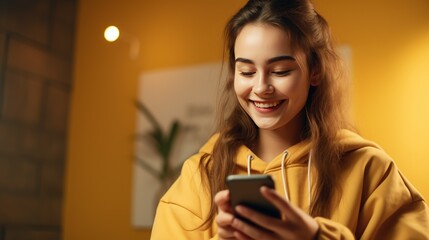 Indoor photo of satisfied teenage girl texts on cellular, reads interesting article online, wears casual outfit, creats new