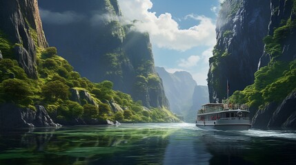 A ferry making its way through a narrow channel, flanked by lush, verdant cliffs