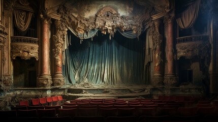 a forsaken, dilapidated theater with broken stages, tattered curtains, and a presence of theatrical spirits - obrazy, fototapety, plakaty