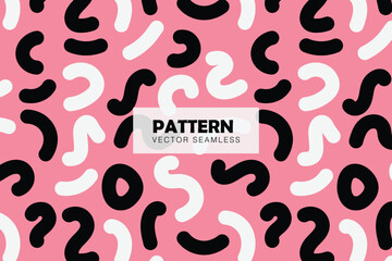 Cute white and black curvy lines abstract memphis style pink background seamless repeat pattern
