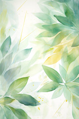 Abstract watercolor background with green eucalyptus leaves. Luxurious wallpaper. Banner with white background blue and green watercolor stains. Golden cherry leaves wall art with shiny light texture.