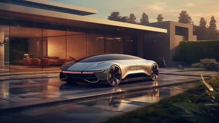 A front view of the autonomous car in an upscale suburban neighborhood, with the evening sun...
