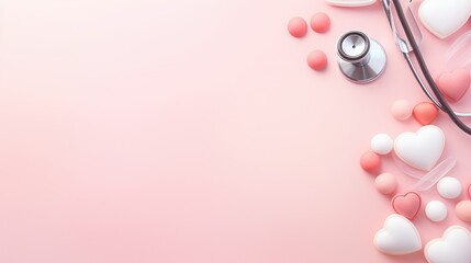 Pastel background, stethoscope, hearts, medical supplies, doctor's desk, minimalist fashion. Valentine's Day idea