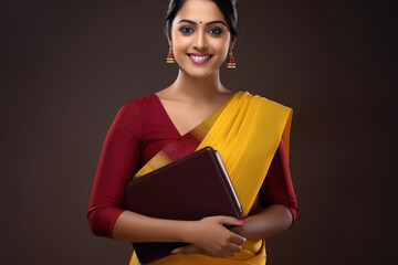 Young indian woman in traditional saree, holding file in hand