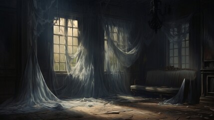a ghostly, dilapidated mansion with broken windows, tattered curtains, and a sense of forgotten elegance