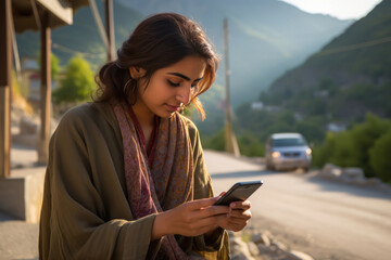 Young woman using smartphone at street side