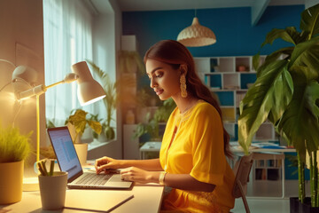young woman work on laptop till late night at home - obrazy, fototapety, plakaty