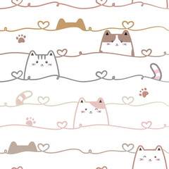 Seamless pattern with cute cat and heart. Happy animal character. Kitten paw. Vector illustration. For wallpaper, textile, wrapping and print design