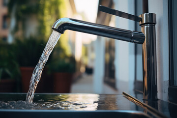 Water tap or faucet. Flow water in sink.