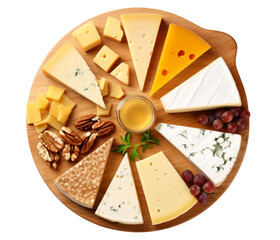 Cheese platter with a variety of cheese on a wooden tray. transparent background. top view. - Generative AI