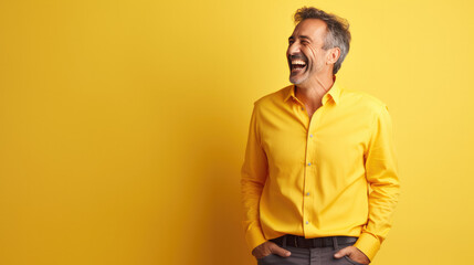 Obraz premium Happy ultra handsome Caucasian middle aged man, smiling and laughing, wearing a Bright solid yellow shirt