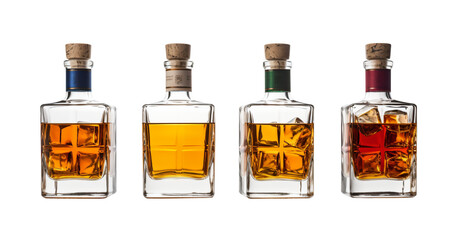 Five bottles of whiskey isolated on transparent background - Generative AI - obrazy, fototapety, plakaty