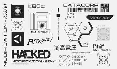 Cyberpunk decals set. Set of vector stickers and labels in futuristic style. Inscriptions and symbols, Japanese hieroglyphs for high voltage, warning. - obrazy, fototapety, plakaty