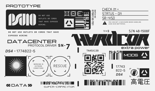 Cyberpunk decals set. Set of vector stickers and labels in futuristic style. Inscriptions and symbols, Japanese hieroglyphs for attention, high voltage.