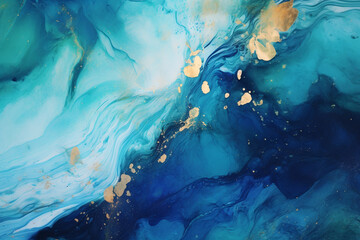A Mesmerizing Abstract Composition of Lustrous Blue Liquid Adorned with Golden Glitters and Subtle Hues of Green, Creating a Harmonious Symphony of Shades and Splashes