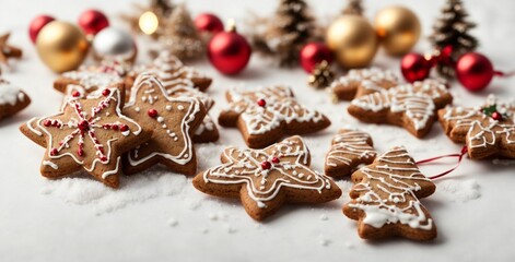 Parchment with sweet Christmas gingerbread cookies on light background, closeup,Schokosterne und Zimtsterne im Kunstschnee