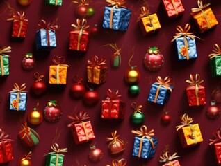 Obraz premium Miniature Christmas Gift and Presents Ornaments Seamless Holiday Texture Pattern Tiled Repeatable Tessellation Background Image
