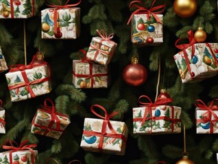 Miniature Christmas Gift and Presents Ornaments Seamless Holiday Texture Pattern Tiled Repeatable Tessellation Background Image