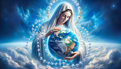 Holy Rosary of Compassion: The Blessed Virgin Mary Queen of Heaven Holding the World in Prayer - obrazy, fototapety, plakaty