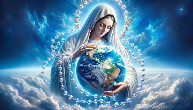 Holy Rosary of Compassion: The Virgin Mary Queen of Heaven Holding the World in Prayer