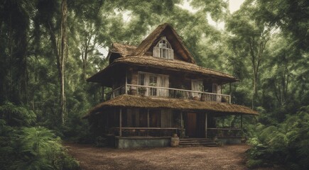 Fototapeta na wymiar house in the woods, house in the forest, tropical forest scene, panoramic view of house in the forest