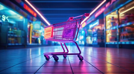 Shopping cart standing between shelves in the supermarket. Generative AI
