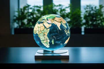 Globe model on wooden desk. Generative AI