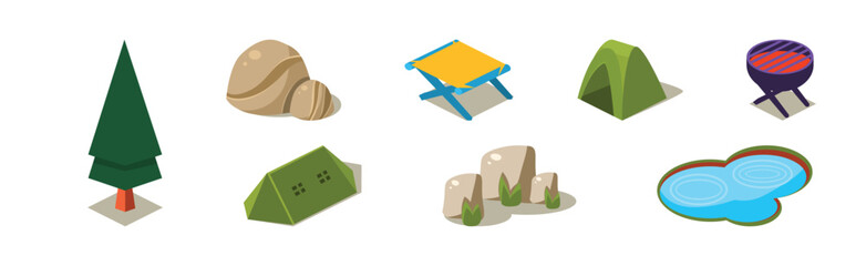 Isometric Outdoor Camping Element and Equipment Vector Set