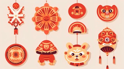 
set of chinese new year ornaments - obrazy, fototapety, plakaty