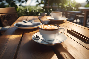 Coffee on an outdoor wood table. Generative AI