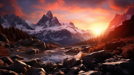 Obraz premium Sunset in fantasy style granite alps. Generative AI