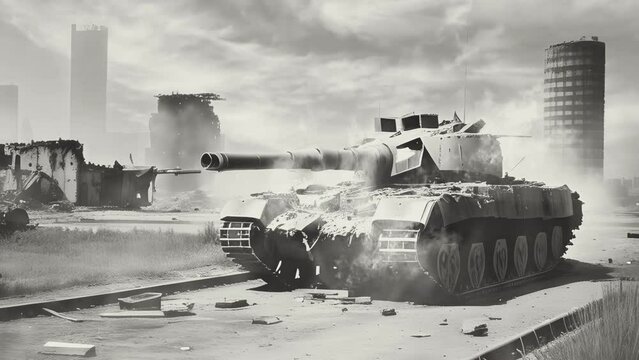 illustration of a burning war tank during the world war. black and white old movies style. Cartoon painting illustration style. seamless looping 4K time-lapse virtual video animation