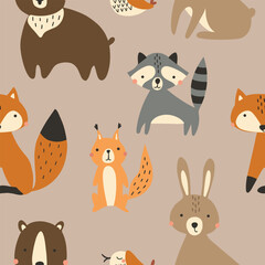 Seamless pattern of cute woodland animals and birds. Vector illustration for nursery and textile decoration
