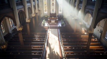 A view from the choir loft, overlooking the nave, where the play of light and shadow adds depth to the sacred space