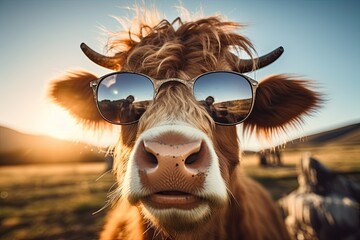 Portrait of a surprised funny bull in sunglasses close-up on a pasture. Funny animal photo. Generated by AI. - obrazy, fototapety, plakaty